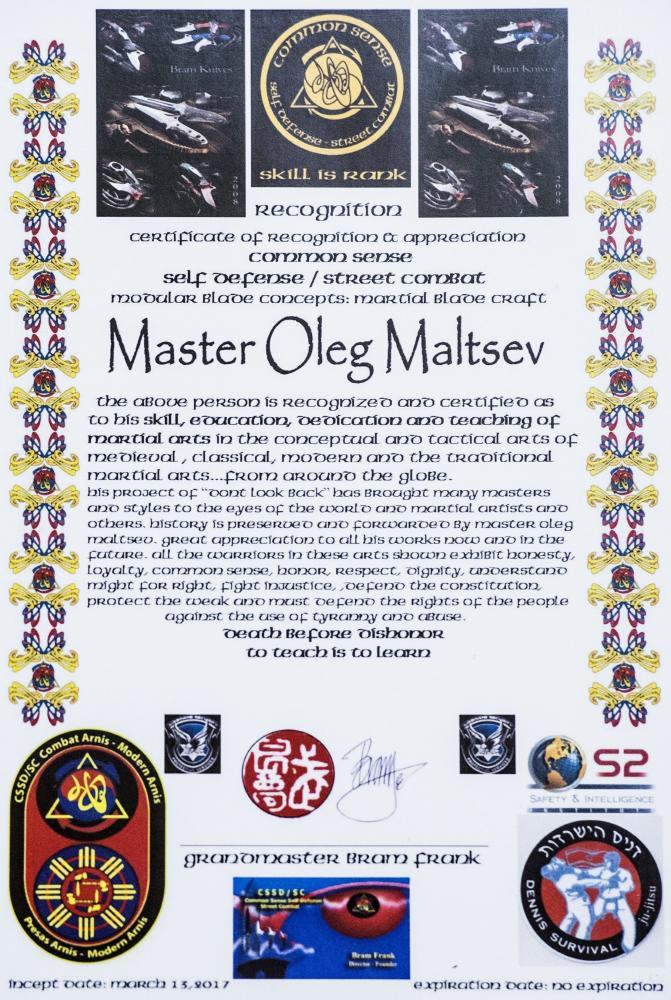 Сертификат Мальцеву Олегу за обучение боевым искусствам